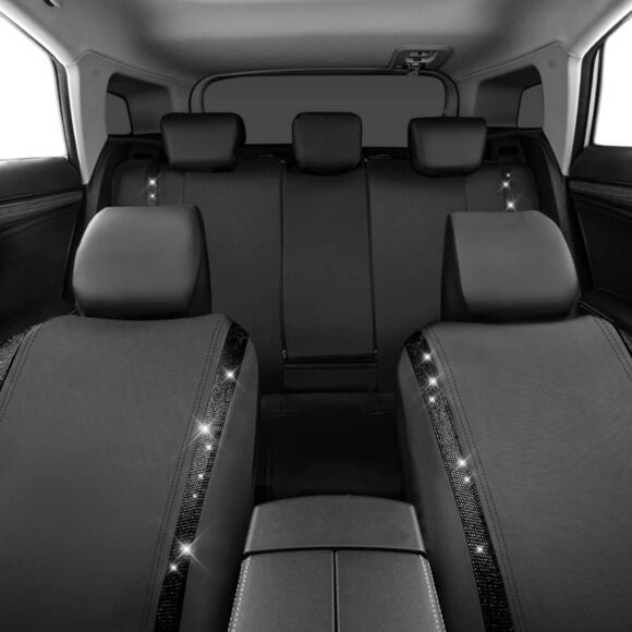 CAR PASS Black Diamond Leather Bling/Rhinestone  Car Seat Cover Full Set | NEW - Picture 9 of 11